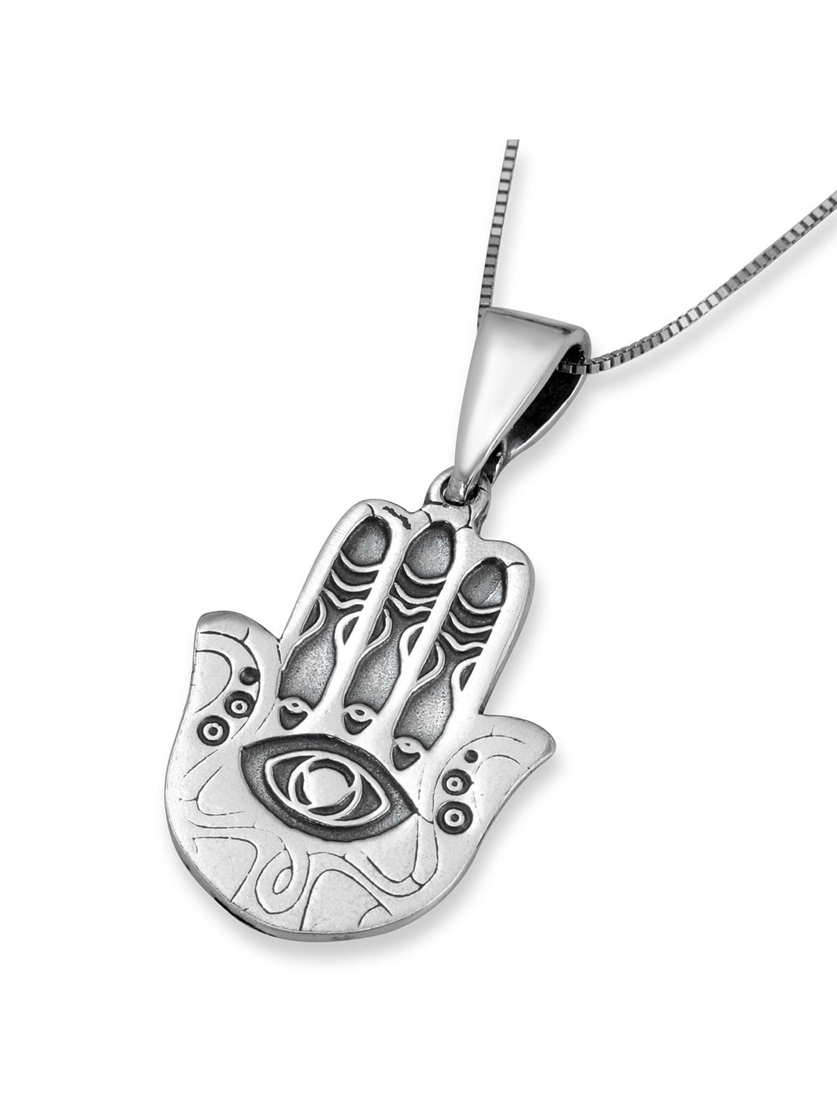 Sterling Silver Hamsa Evil Eye Necklace with Three Fishes